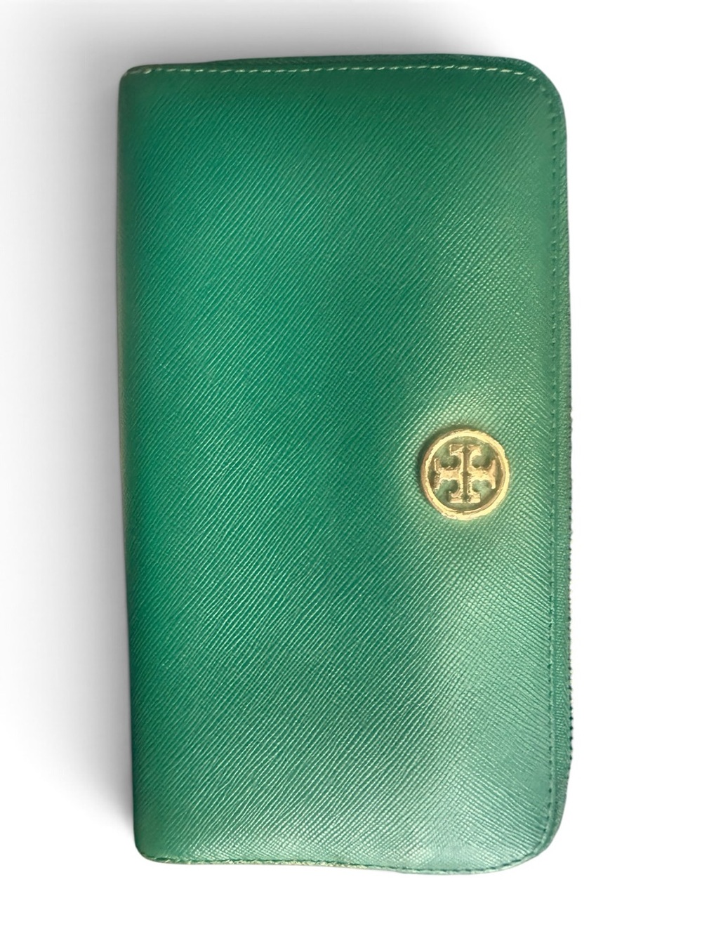 Tory Burch Emerald Green Saffiano Leather Zip Continental Wallet Gold Logo
